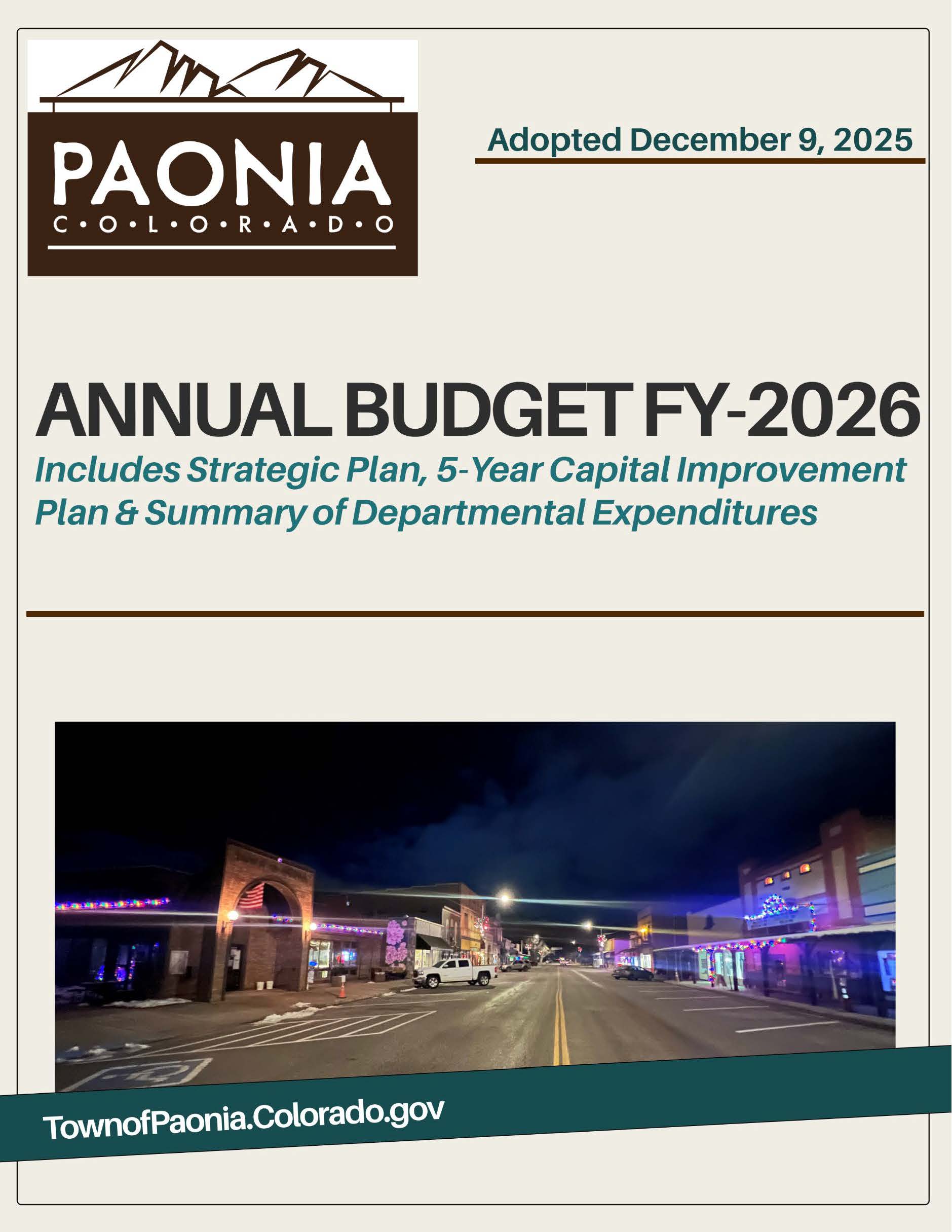 FY-2026 Annual Budget Coversheet, picture of downtown Paonia during the Holiday Season